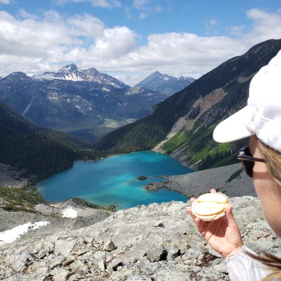 647d61cd-d7c7-4fcc-afbb-c97b7f8c1bd7 eating rice cake at Joffrey lake bc